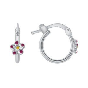 STERLING SILVER 925 RHODIUM PLATED ENAMELED FLOWER HOOP EARRINGS